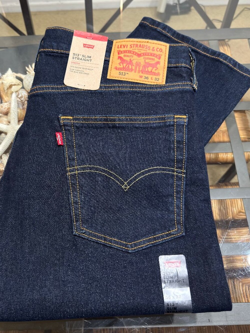 $70 LEVIS MENS 513 SLIM STRAIGHT 36X32 DARK INDIGO WASH STRETCH DENIM JEAN NWT